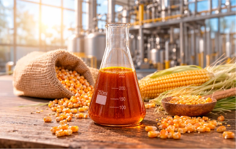 Aceite bruto de maíz en matraz junto a granos de maíz