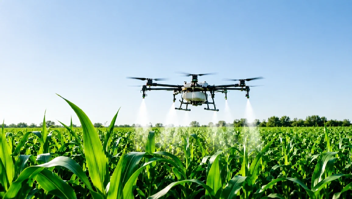 Dron pulverizando un campo de maíz